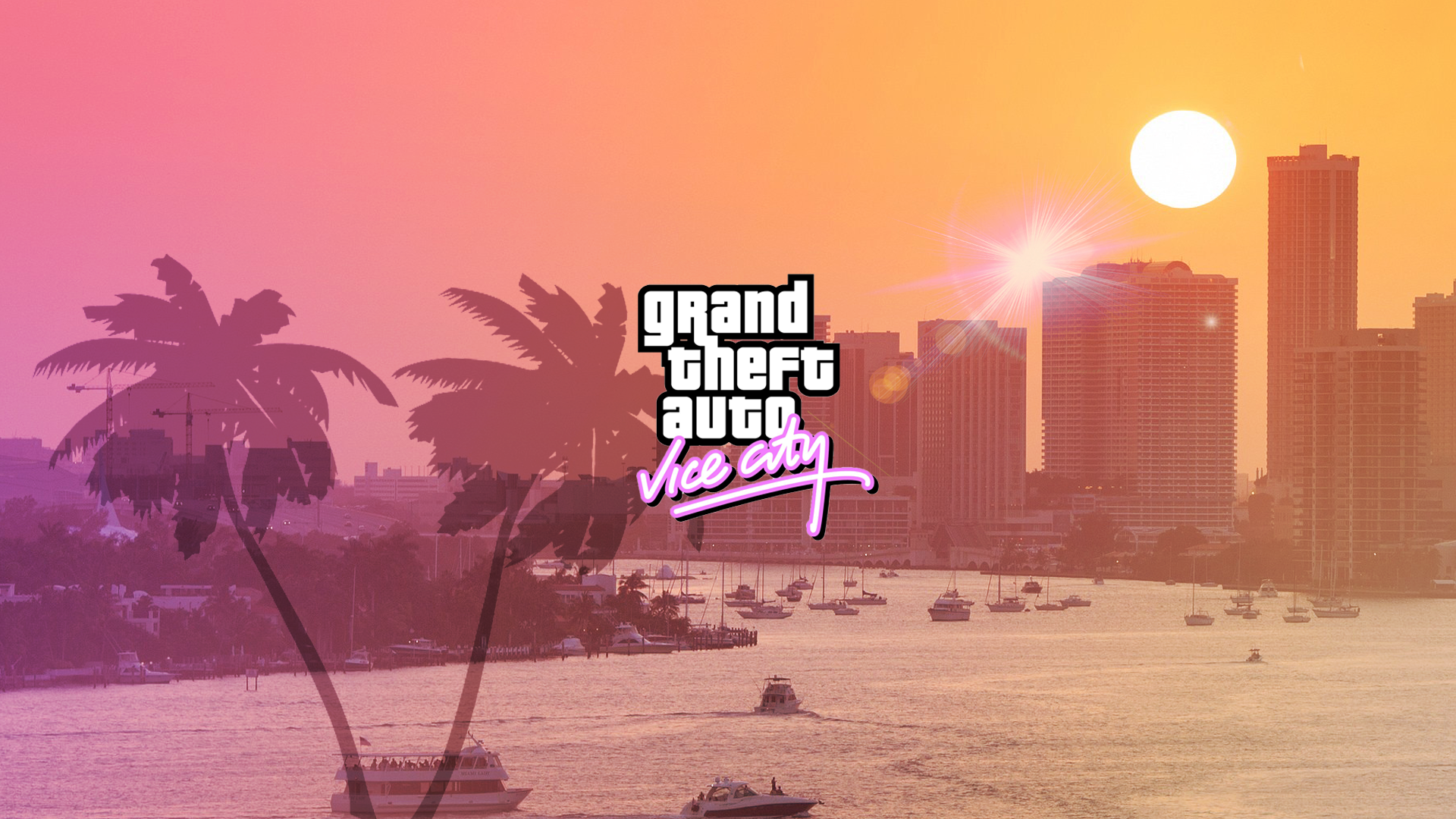 Vice City sunset artwork with skyline and palm trees